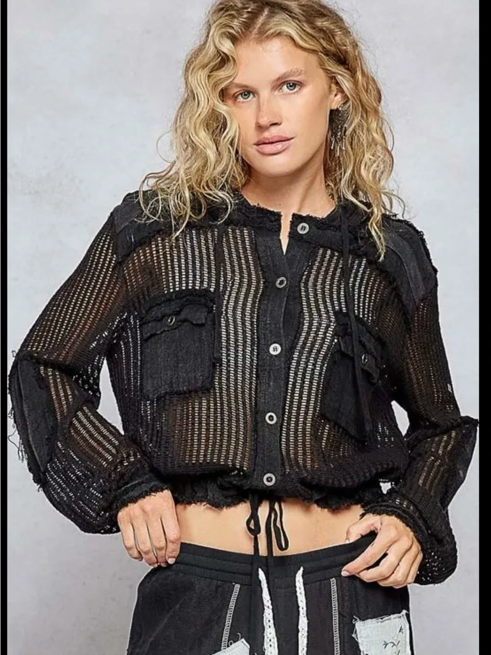POL Cotton Open Weave Black Hooded Jacket Size L